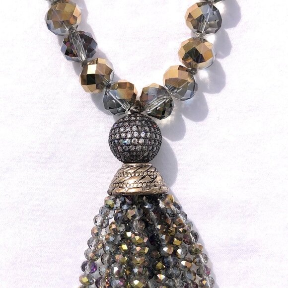 Long Beaded Tassel Necklace Faceted ABS Glass Beads Smoke Gray crystal pave 36" - Picture 5 of 8